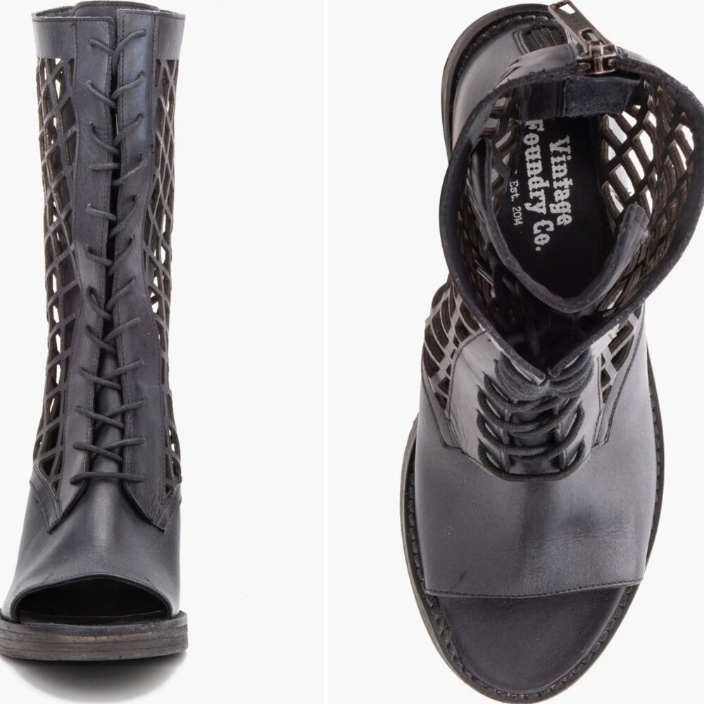Vintage Foundry Co Women's Black Normandy Open Toe Boot Size 8M